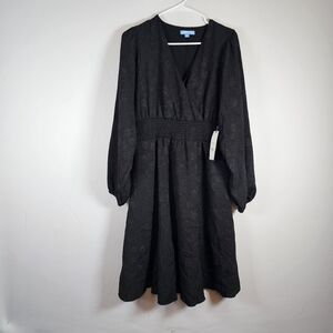 Draper James Black Textured Long Sleeve Dress Smocked Waist Sz Large NWT